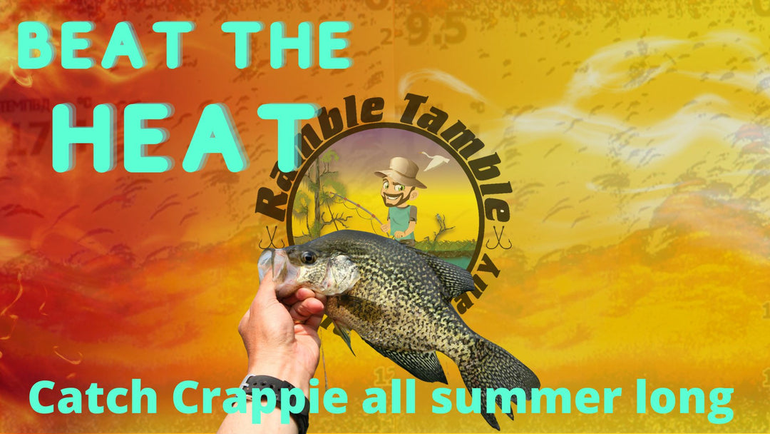 Image for article on catching Summertime Crappie. Features Ramble Tamble Tackle logo, and a hand holding a Crappie caught during the Summer. 