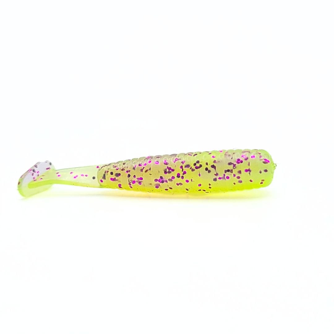 Soft Plastic Crappie bait. Green Chartreuse with purple glitter. 1.5 inch paddle tail profile. great panfish lure