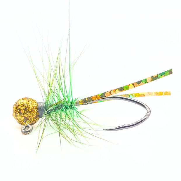 Hand tied Bluegill and Crappie jig. Tied with a Olive rooster hackle feather onto a Disco Gold jig head with a Mustad sickle hook by Ramble Tamble Tackle Company