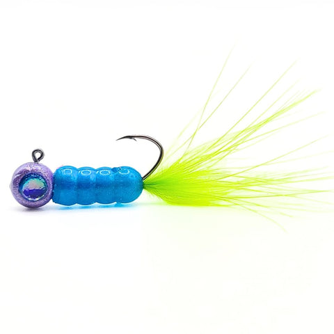 Hand tied Crappie jig, jelly belly jig with a pearl blue colored soft plastic body and a Chartreuse marabou tail. The 3D eye Crappie jig head is custom painted with Alewive powder paint . The Crappie jig is Hand tied on a mustad sickle hook by Ramble tamble tackle