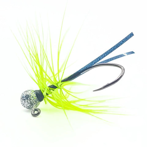 Hand tied Bluegill and Crappie jig. Tied with a Chartreuse rooster hackle feather onto a Disco Silver  jig head with a Mustad sickle hook by Ramble Tamble Tackle Company