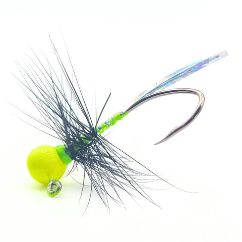 Hand tied Bluegill and Crappie jig. Tied with a black rooster hackle feather onto a chartreuse jig head with a Mustad sickle hook by Ramble Tamble Tackle Company