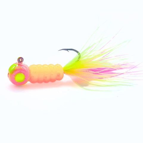 Hand tied Crappie jig, jelly belly jig with a electric chicken colored soft plastic body and a pink/chartreuse marabou tail. The 3D eye Crappie jig head is custom painted with hot pink and chartreuse powder paint . The Crappie jig is Hand tied on a mustad sickle hook by Ramble tamble tackle