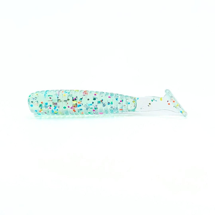 Soft Plastic Crappie bait. Light blue with ranbow glitter. 1.5 inch paddle tail profile. great panfish lure