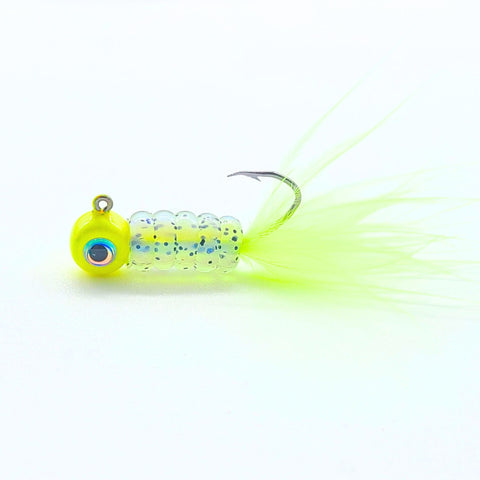 Hand tied Crappie jig, jelly belly jig with a monkey milk colored soft plastic body and a chartreuse marabou tail. The 3D eye Crappie jig head is custom painted with yellow chartreuse powder paint . The Crappie jig is Hand tied on a mustad sickle hook by Ramble tamble tackle