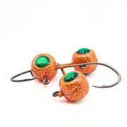Crappie jig head with 3d eyes. Powder coated disco orange cast with a #4 mustad sickle hook.