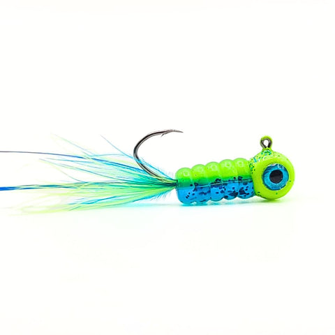 Hand tied Crappie jig, jelly belly jig with a blue and chartreuse colored soft plastic body and a blue/Chartreuse marabou tail. The 3D eye Crappie jig head is custom painted with green chartreuse and blue flake powder paint . The Crappie jig is Hand tied on a mustad sickle hook by Ramble tamble tackle