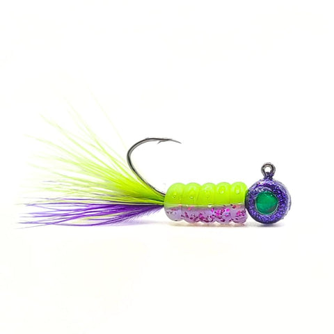 Hand tied Crappie jig, jelly belly jig with a purple and chartreuse  colored soft plastic body and a purple/Chartreuse marabou tail. The 3D eye Crappie jig head is custom painted with disco purple powder paint . The Crappie jig is Hand tied on a mustad sickle hook by Ramble tamble tackle.