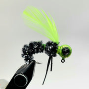 Hand tied Crappie jig. Hornet or wasp imitation. The body is black/silver with Green wings, and a charteuse pepper powder coated jig head. This Crappie jig is approx 1.5" in length and tied onto a #4 sickle hook by Ramble Tamble Tackle.