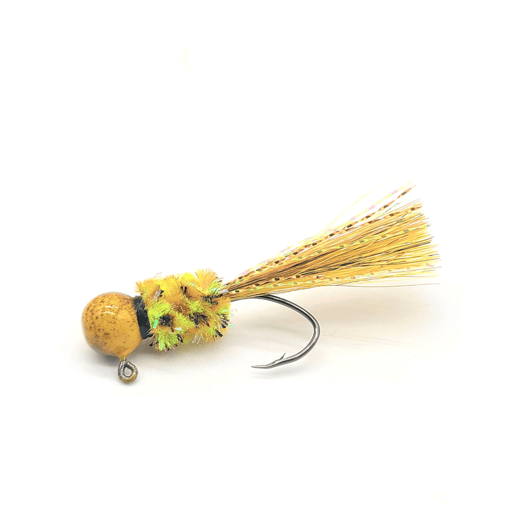 Hand tied crappie jig with a bruised banana body, disco gold jig head, and blue kip  tail. The jig is powder coated with disco gold paint, and tied onto a #4 sickle hook by Ramble Tamble Tackle. This crappie jig measures approx 2 inches in length