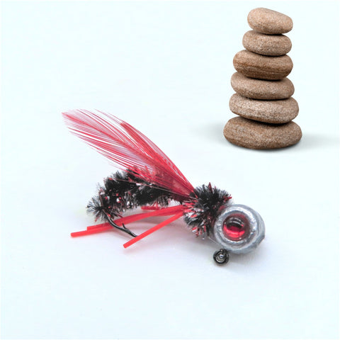 Crappie jig that resembles a hornet or bee. Hand tied with red and black chenille, rubber legs and rooster hackle wings. 