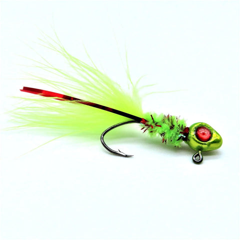 Hand tied Crappie jig featuring a Tranparent Chartreuse minnow head, red 3D eyes, chartreuse and red body chenille, chartreuse marabou tail, and red flash. Hand tied onto a #4 Mustad sickle hook by Ramble Tamble Tackle.