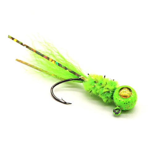 Hand tied Crappie jig featuring a custom green chartreuse head, Gold  3D eyes, Radiation body chenille by Woods and water outdoors, Chartreuse kip tail, and Gold flash. Hand tied onto a #4 Mustad sickle hook by Ramble Tamble Tackle.
