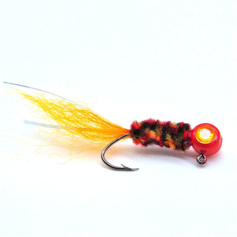 Hand tied Crappie jig featuring a  red head, neon orange  3D eyes, Custon cjun craw body chenille by Woods and water outdoors, orange kip tail, and silver flash. Hand tied onto a #4 Mustad sickle hook by Ramble Tamble Tackle.