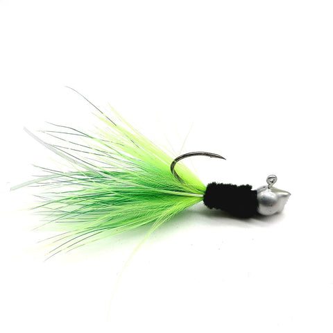 Hand tied Crappie jig featuring a Chrome hatchet jig head,black rayon chenille, 2 tone chartreuse and Kelly green marabou tail, and silver flash. Hand tied onto a #4 Mustad sickle hook by Ramble Tamble Tackle.