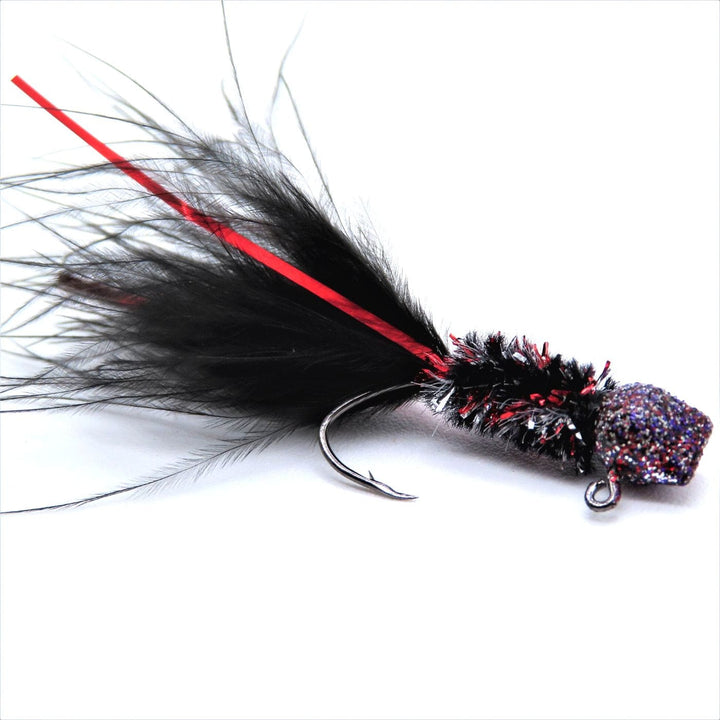 Hand tied Crappie jig featuring a custom Black and red flake hatchet head, custom red shad chenille, Black marabou tail, and Red flash. Hand tied onto a #4 Mustad sickle hook by Ramble Tamble Tackle.
