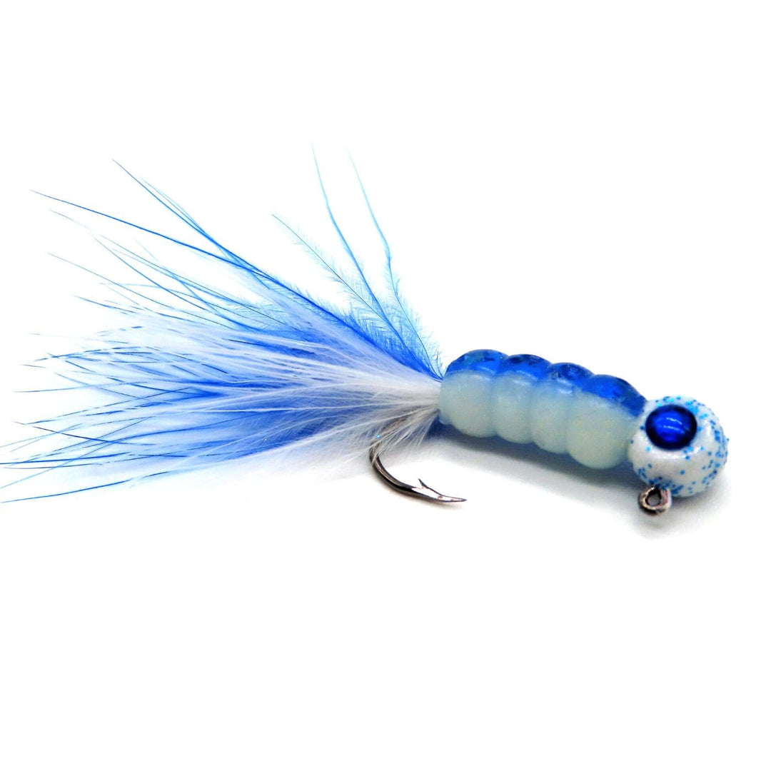 Hand tied Crappie jig, jelly belly jig with blue/white colored soft plastic body and a blue/white marabou tail. Head is custom painted with white Pro tec powder paint and blue 3d eyes.Hand tied on a mustad sickle hook by Ramble tamble tackle.