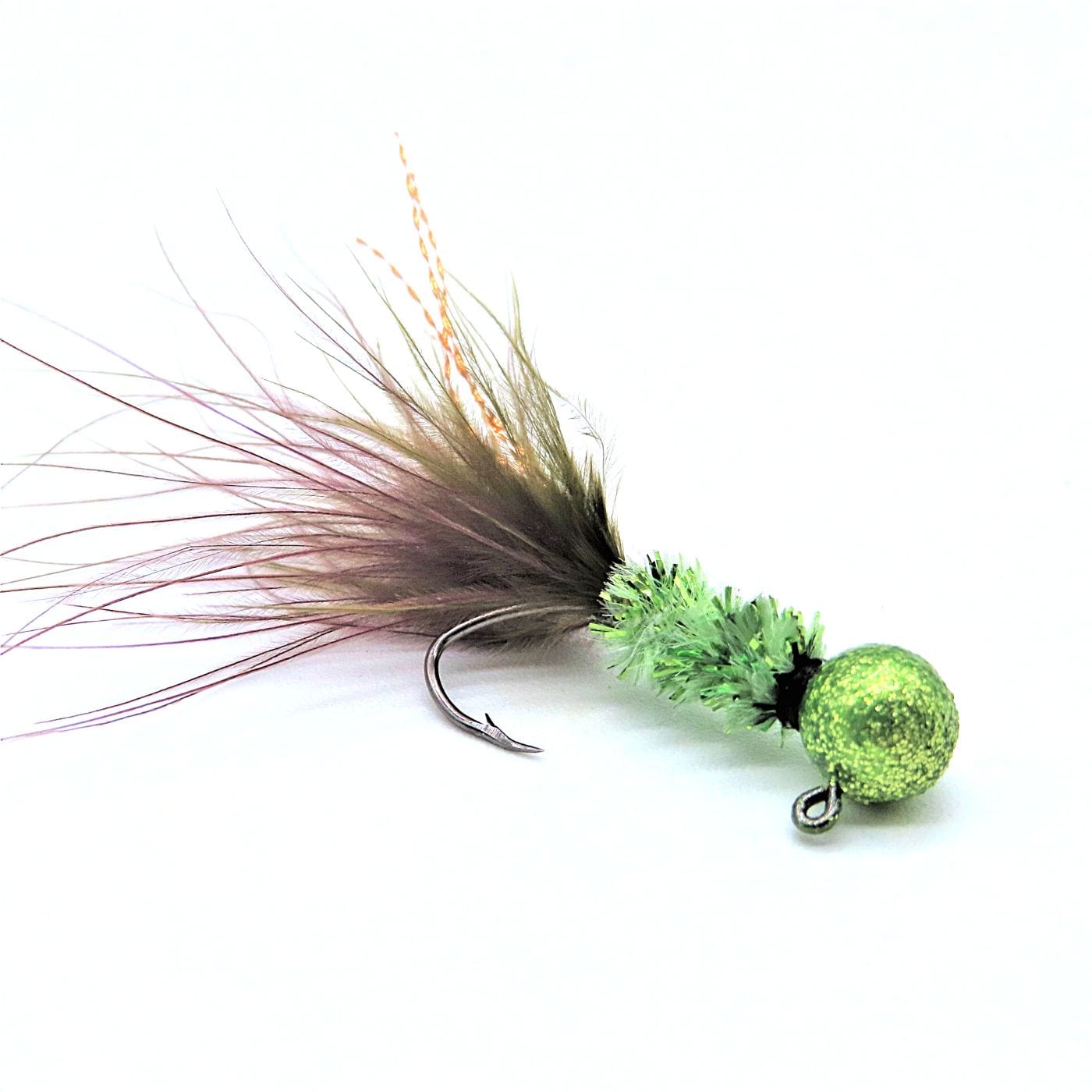 Hand tied Crappie jig featuring a Round disco lime jig head, Olive and brown 2 tone marabou tail and copper flash. Hand tied onto a #4 sickle hook by Ramble Tamble Tackle.