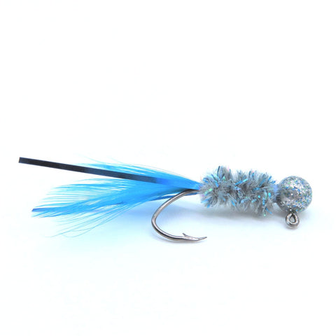 Hand tied Crappie jig featuring a Round blue/silver jig head,gunmetal newage flash chenille, blue hackle tail with blue krystal flash. Hand tied onto a #4 Mustad sickle hook by Ramble Tamble Tackle.