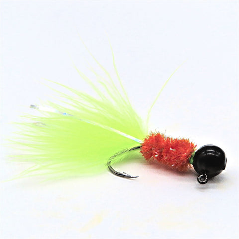 Hand tied Crappie jig featuring a Round black jig head, orange chenille body, chartreuse marabou tail and silver flash. Hand tied onto a #4 Mustad sickle hook by Ramble Tamble Tackle