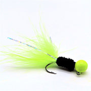 Hand tied Crappie jig featuring a Round chartreuse jig head,black rayon chenille body, chartreuse marabou tail and silver flash. Hand tied onto a #4 Mustad sickle hook by Ramble Tamble Tackle.