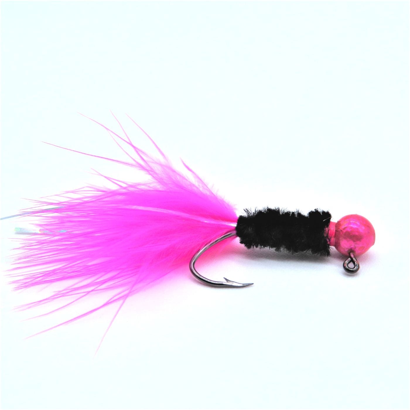 Hand tied Crappie jig featuring a Round candy pink jig head,black rayon chenille body, hot pink marabou tail and silver flash. Hand tied onto a #4 Mustad sickle hook by Ramble Tamble Tackle.