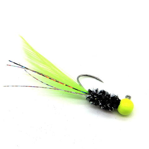 Hand tied Crappie jig featuring a Round Chartreuse jig head,black/silver newage chenille, Chartreuse hackle tail with silverl flash. Hand tied onto a #4 Mustad sickle hook by Ramble Tamble Tackle.