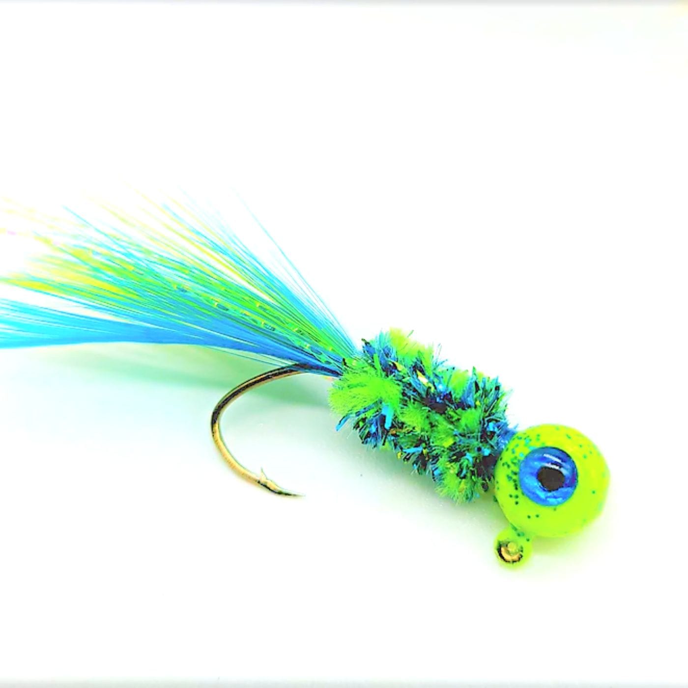 Hand tied Crappie jig featuring a custom Green chartreuse and blue flake head, blue 3D eyes, Chartreuse and blue body chenille,chartreuse and blue hackle tail, and blue flash. Hand tied onto a #4 Mustad sickle hook by Ramble Tamble Tackle.