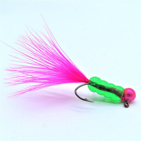 Hand tied Crappie jig, jelly belly jig with lime colored soft plastic body and a hot pink marabou tail. Head is custom painted with Candy pink Pro tec powder paint.Hand tied on a mustad sickle hook by Ramble tamble tackle.