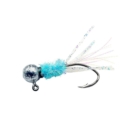 Hand tied crappie jig with a light blue body, disco silver jig head, and white rubber skirt tail. The jig is powder coated with disco silver paint, and tied onto a #4 sickle hook by Ramble Tamble Tackle.