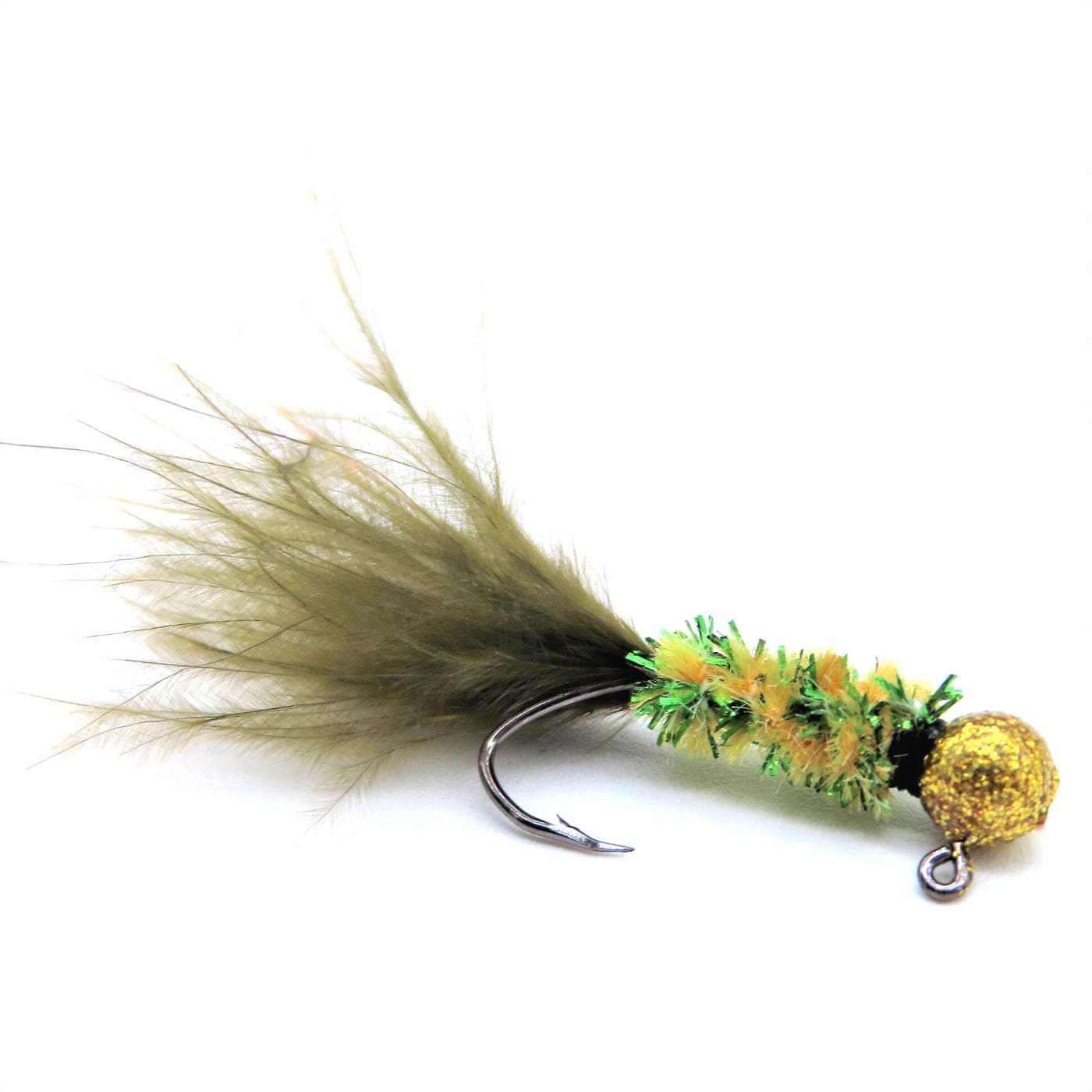 Hand tied Crappie jig featuring a Round Disco Gold jig head,new age chenille body, olive marabou tail and Gold flash. Hand tied onto a #4 Mustad sickle hook by Ramble Tamble Tackle