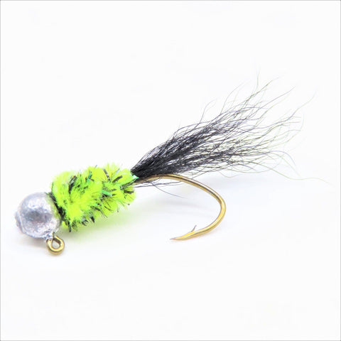 Hand tied crappie jig with a chartreuse/ black body, disco silver jig head, and black kip  tail. The jig is powder coated with disco silver paint, and tied onto a #4 sickle hook by Ramble Tamble Tackle.