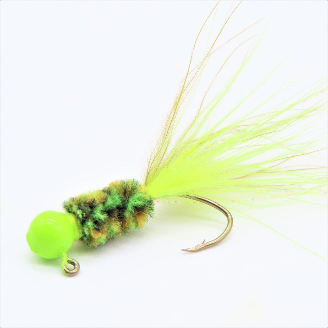 Hand tied crappie jig with a camo chenille body, chartreuse jig head, and a yellow marabou tail. The jig is powder coated with yellow chartreuse paint, and tied onto a #4 sickle hook by Ramble Tamble Tackle.