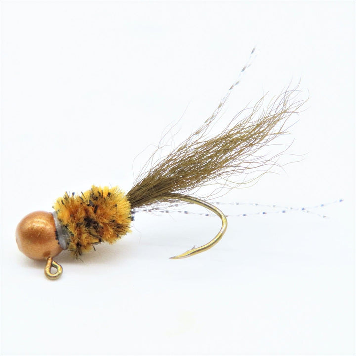 Hand tied crappie jig with a lack/brown chenille body, new penny jig head, and brown kip  tail. The jig is powder coated with new penny paint, and tied onto a #4 sickle hook by Ramble Tamble Tackle.