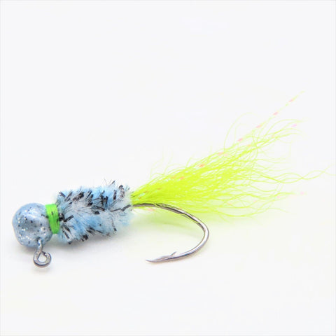 Hand tied crappie jig with a monkey milk chenille body, new monkey milk jig head, and chartreuse kip  tail. The jig is powder coated with monkey milk paint, and tied onto a #4 sickle hook by Ramble Tamble Tackle.