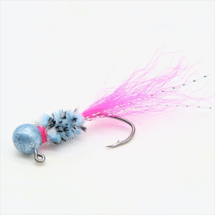 Hand tied crappie jig with a monkey milk chenille body, new monkey milk jig head, and pink kip  tail. The jig is powder coated with monkey milk paint, and tied onto a #4 sickle hook by Ramble Tamble Tackle.