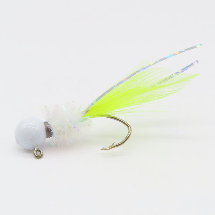 Hand tied Crappie jig featuring a Round pearl jig head, chartreuse rooster hackle and silver flash. Hand tied onto a #4 sickle hook by Ramble Tamble Tackle.. This Crappie jig is approx 2 inches in length