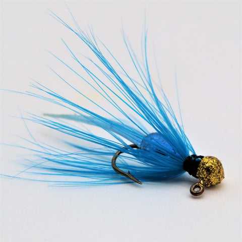 Handtied bluegill or crappie jig. Tied with a blue rooster hackle feather onto a mustad sickle hook. Disco gold jig head 