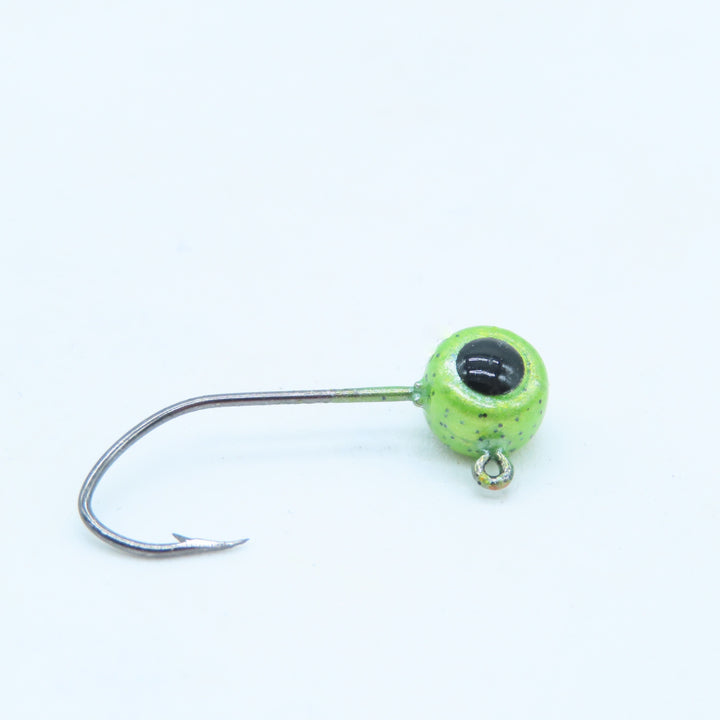 Crappie jig head with 3d eyes. Powder coated chartreuse pepper color and  cast with a #4 mustad sickle hook.