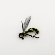 Hand tied Crappie jig. Hornet or wasp imitation. The body is black/yellow with black wings, and a black powder coated jig head. This Crappie jig is approx 1.5" in length and tied onto a #4 sickle hook by Ramble Tamble Tackle.